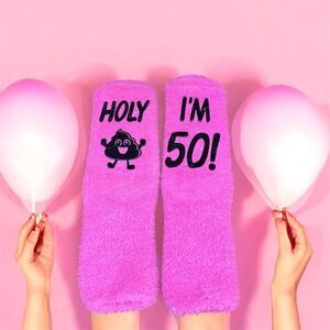 New Happy Pop Hot Pink Fuzzy Birthday Socks w/Graphic Print Holy Poop I'm 50! OS